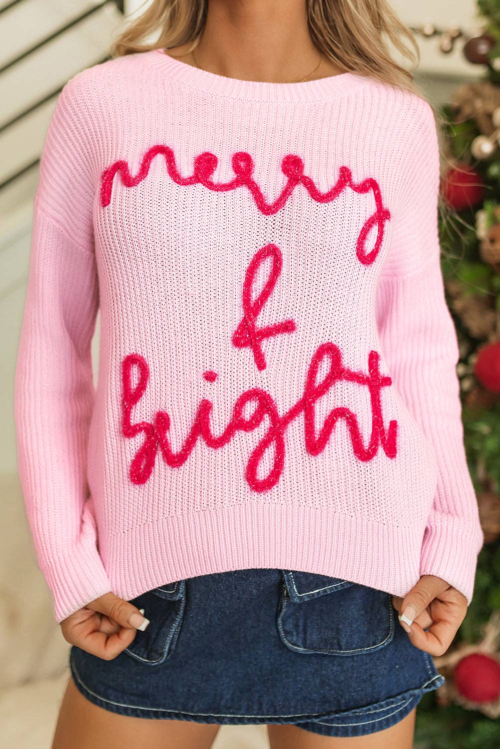 Christmas Merry & Bright Waffle Knit Sweater