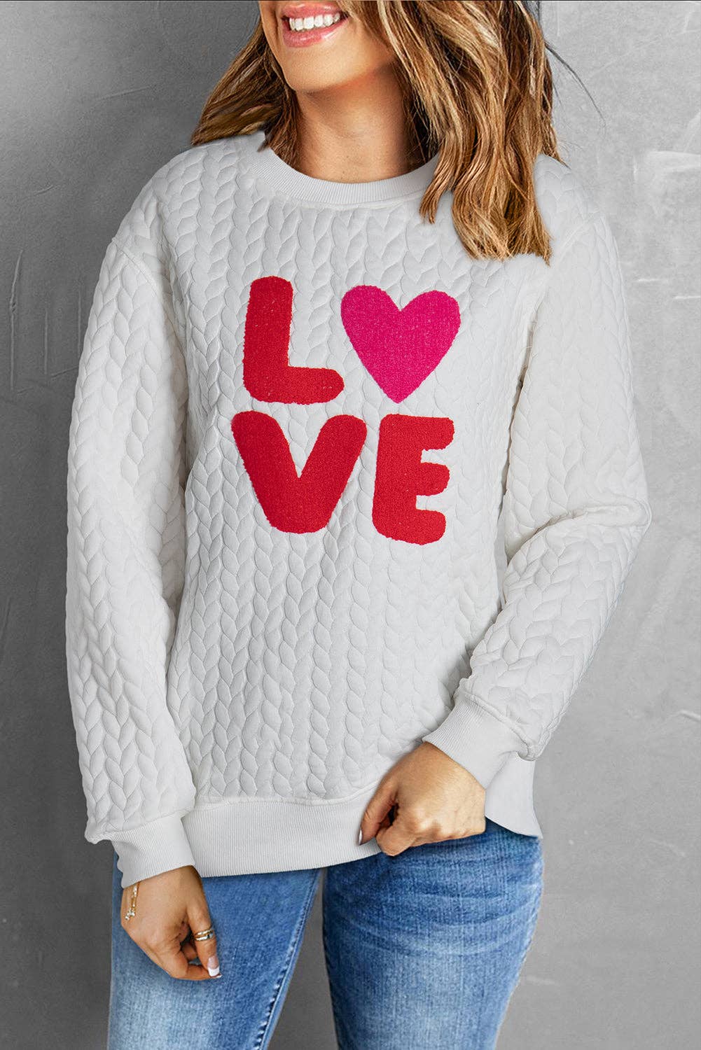 Embroidered Patch Cable Knit Pullover Sweatshirt